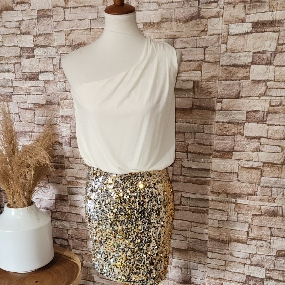 Way In One-Shoulder White Top with Gold Sequin Skirt